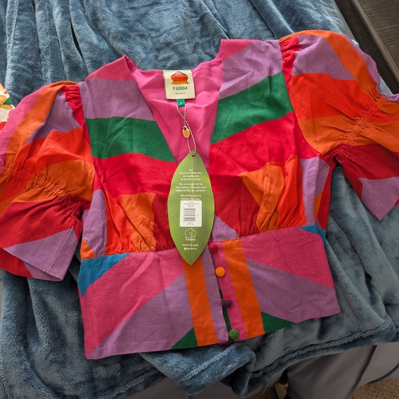 Farm Rio Mixed Geometric Print Puff Sleeve Crop Top NWT Linen Blend - Picture 10 of 10